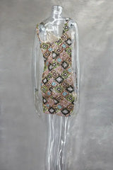 Colorful Rhombus Sequins Sexy Mini Dress Elegant Chic Straps Slit Bodycon Party Dresses Summer Holidays Evening Women Dress 2025