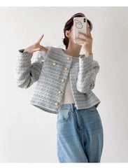 ITOOLIN Autumn Winter Women Elegant Tweed Cardigan Short Coat With Pocket Single Breasted Jacket For Women Loose Outwear 2024