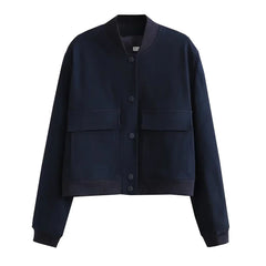 TRZA Women Fashion With Pockets Bomber Jacket Coats Vintage Long Sleeve Front Button Casual Female Outerwear Chic Tops