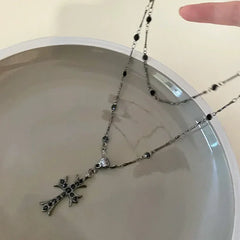 Summer Black Rhinestone Cross Jesus Pendant Choker Necklace for Women Punk Vintage Double Layers Chain 2024 Neck Boho Jewelry