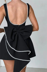 Mozision Pearl Bow Backless Sexy Mini Dress For Women Robe Fashion Zipper Sleeveless High Waist A-line Club Party Dress Elegant