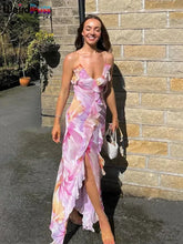 Weird Puss Flower Print Dress Woman Summer Strapless Splits Irregular Tassel Patchwork Backless Bandage Party Skinny Vestidos