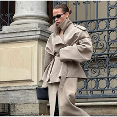 Women's Lace-up Cropped Trench Coat Chic Collar Long Sleeves Lapel Wide Shoulder Windbreaker Jacket Fall Commuting Daily Jackets