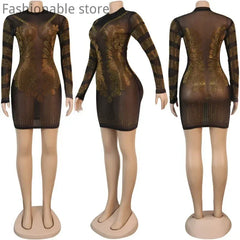 Women Sexy Solid Color Sheer Mesh Rhinestone Design Bodycon Nightclub Party Dress