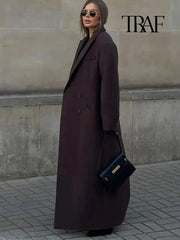 TRAF Women Fashion Solid Color Wool Lengthened Coat Elegant Warm Street Coat Autumn and Winter Retro Pocket Double-Breasted Coat