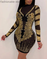 Women Sexy Solid Color Sheer Mesh Rhinestone Design Bodycon Nightclub Party Dress