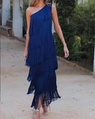 Spring and Summer New Fashion Fringed Slanted Shoulder Asymmetrical Dress for Women