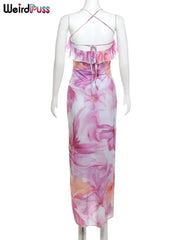 Weird Puss Flower Print Dress Woman Summer Strapless Splits Irregular Tassel Patchwork Backless Bandage Party Skinny Vestidos