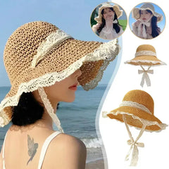 Summer Women's Lace Straw Beach Hat Foldable Sun Hat with Wide Brim Fresh Stylish Sunblock Shade Hat Perfect for Travel Holiday