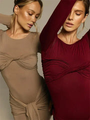 Tossy Female Pleated Sexy Maxi Dress Patchwork Twist Slim Long Sleeve Solid Y2k Autumn Streetwear Dress Women's Bodycon Dress