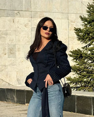 Tuularose Stripe Tailored Coat For Women Lace Up V Neck Long Sleeves Coat Female Fashion Elegant High-End Formal Tailored Coat