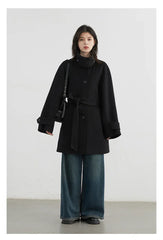 CHIC VEN Korean Women Woolen Coat Single Breasted Loose Stand Collar Belt Long Double-sided Ladies Overcoat Autumn Winter 2024