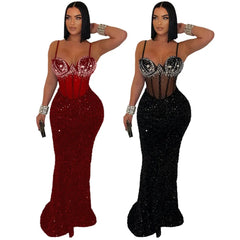 Long Dress Women Sexy Party Dresses Sling Bodycon Vestidos Streetwear Club Sequin Hot Drilling Elegant High Waist Y2k Evening