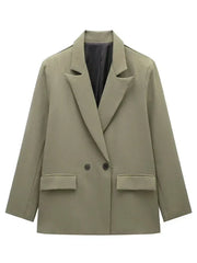 Willshela Women Fashion With Pockets Solid Double Breasted Blazer Vintage Long Sleeves Notched Neck Female Office Lady Outfits