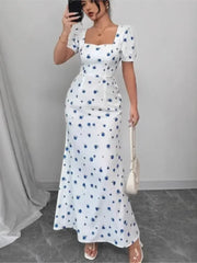 Elegant Short-sleeved Dress For Women Spring Summer Fashion Printing Waist-tightening Patchwork Loose Casual Dresses Female