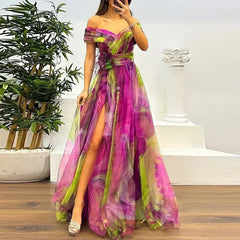 Women 2025 Pattern High Waist Party Dress Sexy Slit Mesh Cocktail Gala Dress Fashion One Shoulder Female Pleated Evening Dress