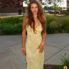 Yellow Floral Maxi Dress | Retro V-Neck Summer Party Gown -femstylo