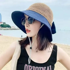 Summer Women Bucket Hat UV Protection Sun Hats Soft Foldable Wide Brim Outdoor Beach Hat Panama Cap Ponytail Cap