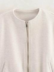 Ladies Fashion Autumn Winter Jacket Women Retro Round Neck Long Sleeve Elastic Hem Zipper Soft Bomber Jacket Women Coat Female