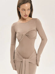 Tossy Female Pleated Sexy Maxi Dress Patchwork Twist Slim Long Sleeve Solid Y2k Autumn Streetwear Dress Women's Bodycon Dress