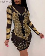 Women Sexy Solid Color Sheer Mesh Rhinestone Design Bodycon Nightclub Party Dress