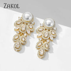 ZAKOL New Fashion CZ Zirconia Crystal Leaf Dangel Earrings for Women Luxury Bridal Wedding Party Jewelry