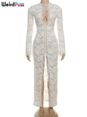 Weird Puss Embroidery Ruffles Dress Women Sexy Deep V-Neck Slits See Through Solid Tassel Petal Cuffs Street Elegance Vestidos