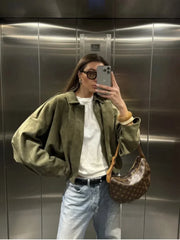 ETJ 2025 TRAF Spring new women's suede texture effect Loose version of fashion lapel shoulder bomber jacket