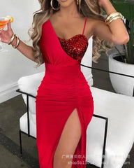 Women Spring Summer Glitter Lurex Halter High Slit Slim Fit Metal Chain Mid-Calf Bodycon Party Dress Sexy