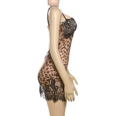 JULISSA MO Patchwork Printed Leopard Lace Women Mini Dress Spaghetti Strap High Waist Dress Summer Slim Elegant Party Club Dress