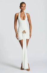 Mozision Metal Flower Draped Ruched Sexy Mini Dress Women Robe Fashion Halter Backless Sleeveless Bodycon Club Party Dress New