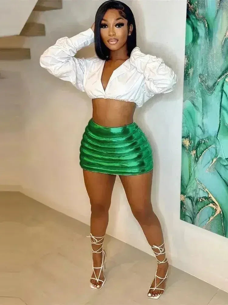 Green Women's Puffer Skirt Metallic Shiny Warm Quilted Mini A-line - Femstylo