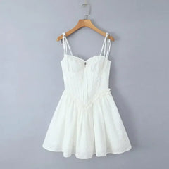 YENKYE Sexy Elegant Women Hollow Out Embroidery Yellow Sling Mini Dress Low Waist Lace Up Bandage Party Dresses Birthday Robe