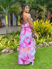 Weird Puss Flower Print Dress Woman Summer Strapless Splits Irregular Tassel Patchwork Backless Bandage Party Skinny Vestidos