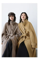 CHIC VEN Korean Women Woolen Coat Single Breasted Loose Stand Collar Belt Long Double-sided Ladies Overcoat Autumn Winter 2024