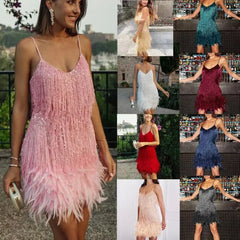 2024 Summer New Fashionable Framed Sequins Feather Patchwork Dress Colorful Amazon Direct Sales Women's Sleeveless Dress