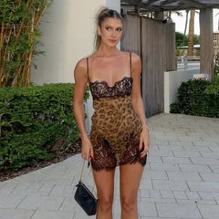 JULISSA MO Patchwork Printed Leopard Lace Women Mini Dress Spaghetti Strap High Waist Dress Summer Slim Elegant Party Club Dress