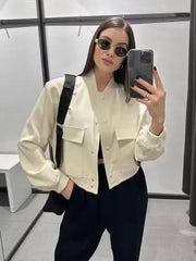 TRZA Women Fashion With Pockets Bomber Jacket Coats Vintage Long Sleeve Front Button Casual Female Outerwear Chic Tops
