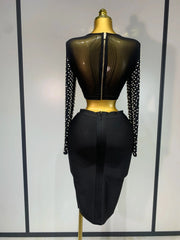 Women Sexy Long Sleeve Mesh Pearl Top Celebrity Midi Women Bandage Set 2025 Designer Evening Party Luxury Birthday Two Piece Set