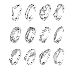 12pcs Adjustable Toe Rings For Women Girls Simple Beach Open Toe Set Cute Heart Feather Summer Toe Foot Jewelry