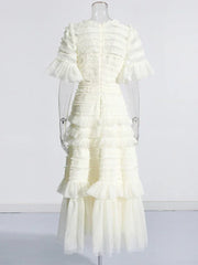 Patchwork Edible Tree Fungus Elegant Dresses For Women Round Neck Short Sleeve High Waist Temperament Dress Female Fashion