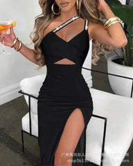 Women Spring Summer Glitter Lurex Halter High Slit Slim Fit Metal Chain Mid-Calf Bodycon Party Dress Sexy