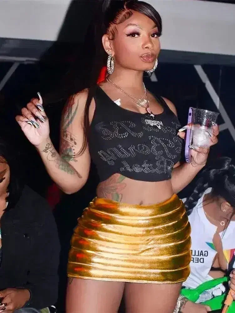 Gold Women's Puffer Skirt Metallic Shiny Quilted Mini A-line Skirts - Femstylo