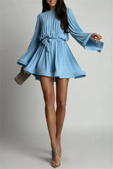 2025 Elegant Pleated Mini Dress - Flared Sleeve Lace-Up Summer Dress | Femstylo