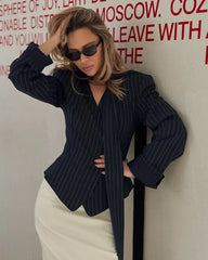 Tossy Elegant Female Striped Suit Coat For Women Scarf Lace-Up Patchwork V-Neck Long Sleeve Luxury Outwear Female Jackets Coat