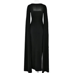 Mozision Long Cape Sleeve Split Maxi Dress For Women Gown Fashion Solid Square Collar Evening Sexy Long Dress Elegant New