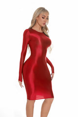Sexy Women Oil Glossy Shiny Tight Pencil Dress Stain Smooth Bodycon Dress Elastic Push Up Packet Hip Stretch Step Dress