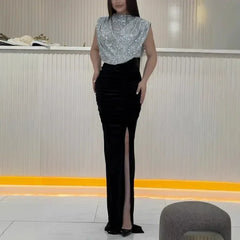 Lady Fashion Sleeveless Draped Split Dress Casual O Neck Sequin Splicing Party Dress 2025 New Year Elegant High Waist Long Dress