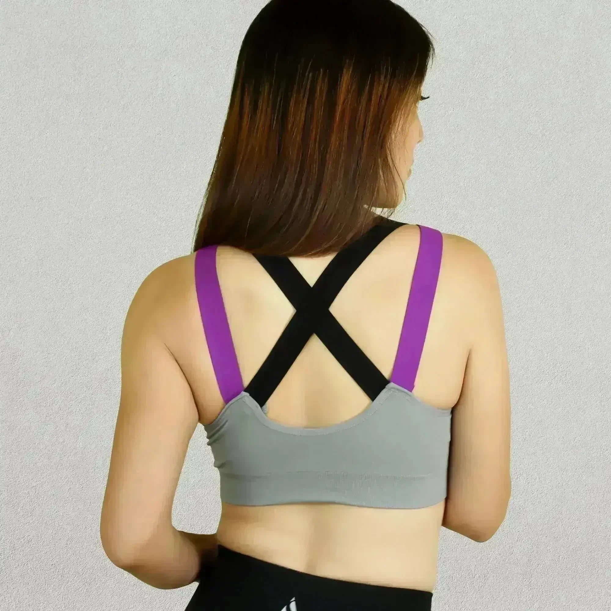 SOBEYO Sports Bra Padded Elastic Straps Cross Back Gray - Femstylo