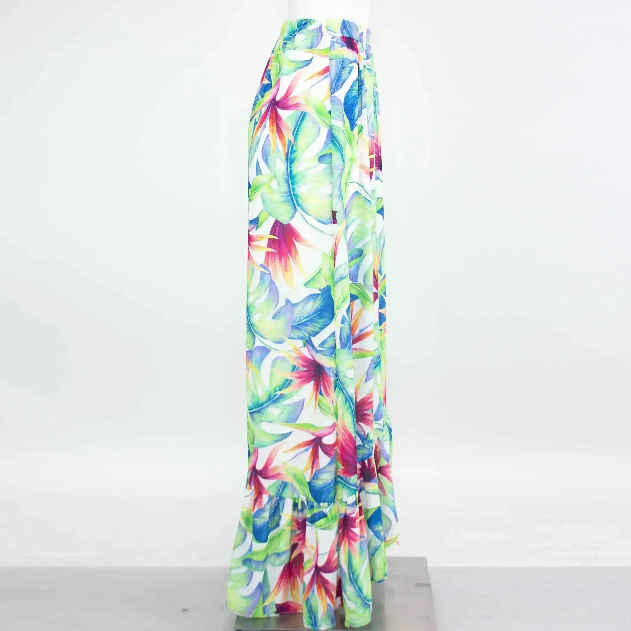 Tropical Print Maxi Skirt – Flared Silhouette & Elastic Waist - Femstylo